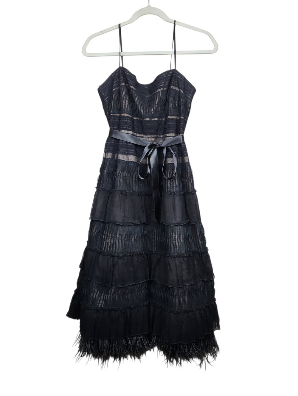 BCBGMaxAzria Black Silk Ostrich Feather Fringe Cocktail Dress LBD Womens Size 8 - Picture 2 of 15